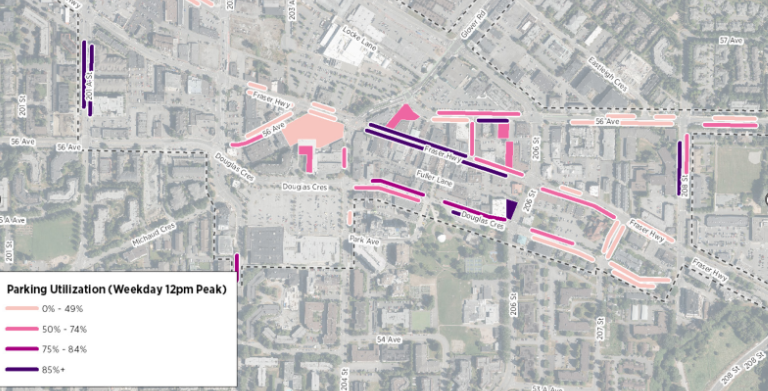 Picture showing average parking use in Downtown Langley on a weekday around noon (peak time)